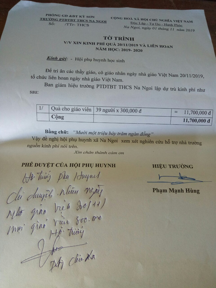 Hội trưởng Ban đại diện cha mẹ học sinh khẳng định tờ trình này là thật (Ảnh do phụ huynh cung cấp). Hội trưởng Ban đại diện cha mẹ học sinh khẳng định tờ trình này là thật (Ảnh do phụ huynh cung cấp).
