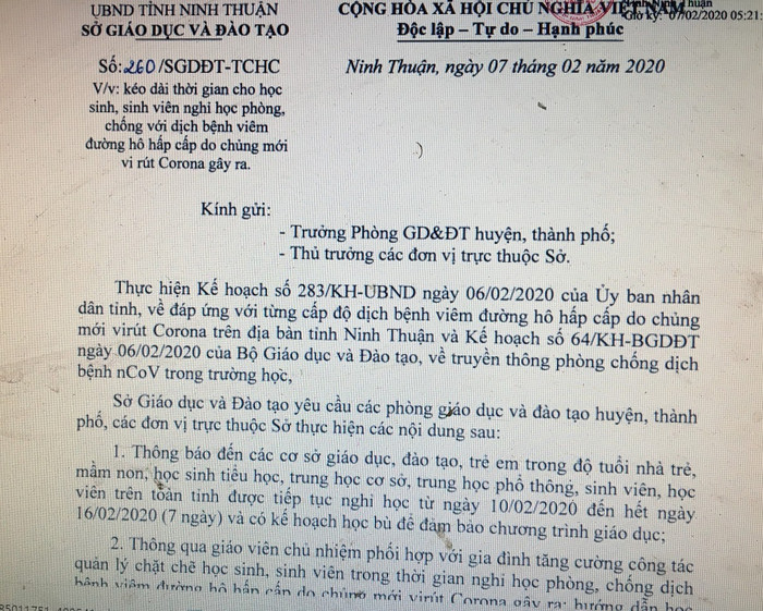 Công văn cho học sinh tiếp tục được nghỉ của Sở Giáo dục tỉnh Ninh Thuận (Ảnh CTV)