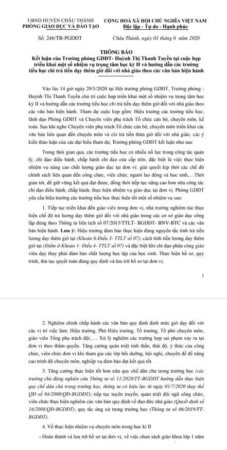 Công văn chỉ đạo của Phòng Giáo dục và Đào tạo huyện Châu Thành về việc tính tiền thừa giờ cho giáo viên (Ảnh tác giả).