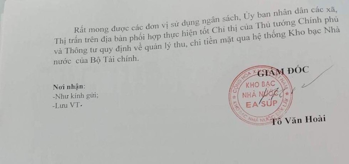 Công văn của Kho bạc huyện Ea Súp (Ảnh CTV) Công văn của Kho bạc huyện Ea Súp (Ảnh CTV)