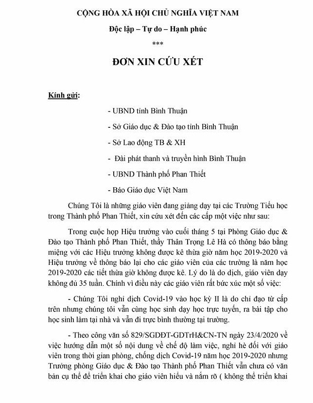 Đơn xin cứu xét của giáo viên tiểu học thành phố Phan Thiết (Ảnh giáo viên cung cấp) Đơn xin cứu xét của giáo viên tiểu học thành phố Phan Thiết (Ảnh giáo viên cung cấp)