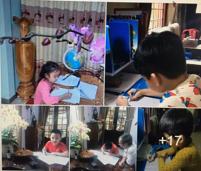 Học sinh lớp 1 chưa học được online nên giáo viên giao bài tận tay cho phụ huynh hoặc thầy cô đến tận nhà đưa bài khi cha mẹ vắng nhà (Ảnh CTV).