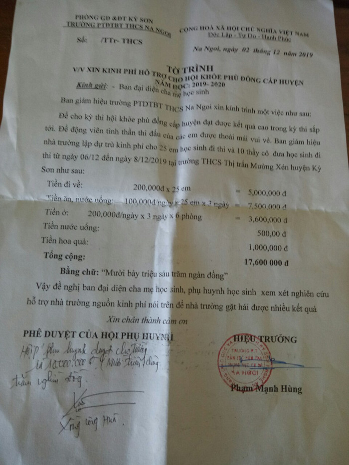 Tờ trình của nhà trường xin Hội phụ huynh hỗ trợ tiền cho học sinh và giáo viên tham dự Hội khỏe Phù Đổng (Ảnh phụ huynh cung cấp). Tờ trình của nhà trường xin Hội phụ huynh hỗ trợ tiền cho học sinh và giáo viên tham dự Hội khỏe Phù Đổng (Ảnh phụ huynh cung cấp).