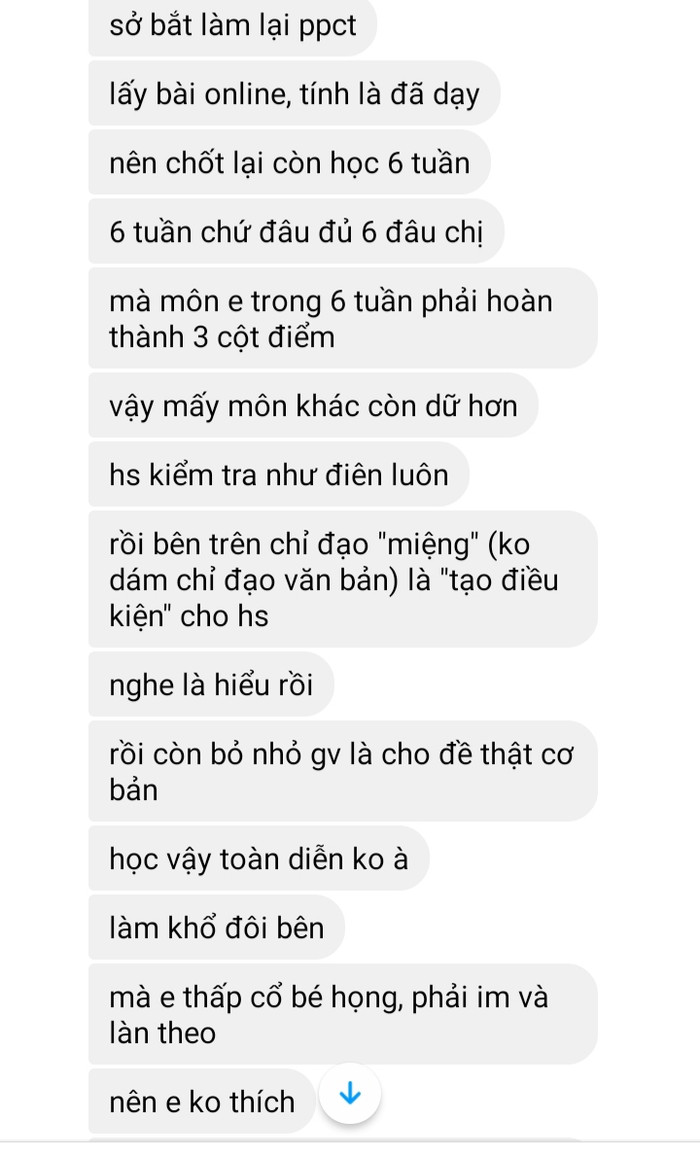 Một đoạn tin nhắn của giáo viên ở Thành phố Hồ Chí Minh nói về việc dạy học hình thức (Ảnh: Phan Tuyết) Một đoạn tin nhắn của giáo viên ở Thành phố Hồ Chí Minh nói về việc dạy học hình thức (Ảnh: Phan Tuyết)