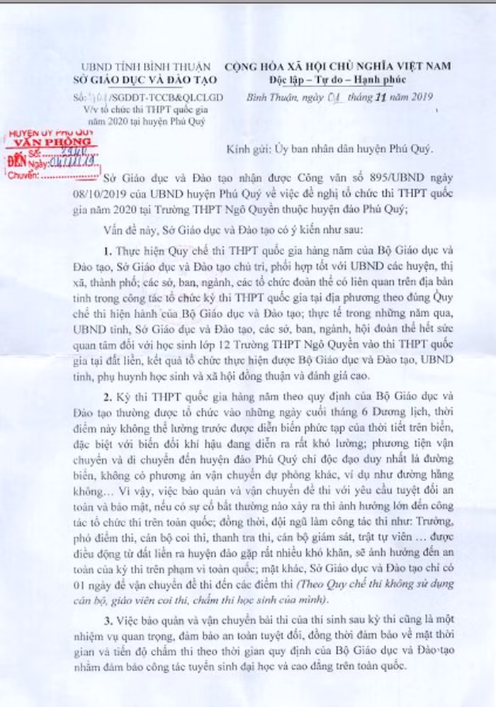 Công văn của Sở Giáo dục và Đào tạo tỉnh Bình Thuận trả lời cử tri huyện đảo về việc không đồng ý tổ chức kỳ thi tốt nghiệp tại đảo (Ảnh tác giả)