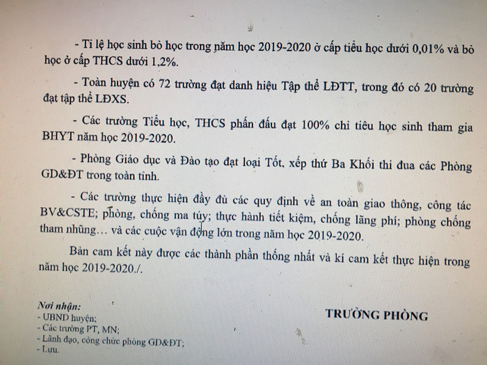 Bản ký kết giao ước thi đua giữa phòng giáo dục với các hiệu trưởng trong huyện (Ảnh CTV) Bản ký kết giao ước thi đua giữa phòng giáo dục với các hiệu trưởng trong huyện (Ảnh CTV)