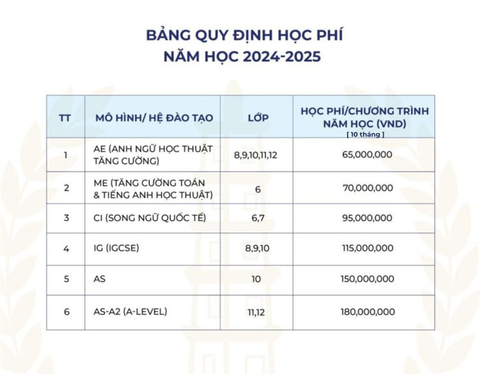 Học phí cụ thể tại Trường Trung học cơ sở và Trung học phổ thông Nguyễn Siêu. Ảnh chụp màn hình. hocphi.jpg