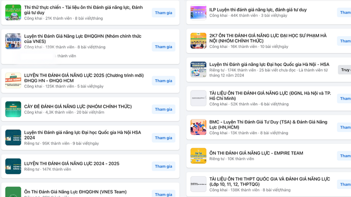 Số lượng các hội nhóm luyện thi đánh giá năng lực "dày đặc" trên mạng xã hội. Ảnh chụp màn hình.