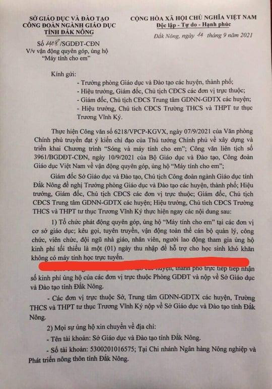 Công văn của Sở Giáo dục và Đào tạo tỉnh Đắk Nông yêu cầu ủng hộ tự nguyện mà tối thiểu 1 ngày lương (Ảnh CTV) Công văn của Sở Giáo dục và Đào tạo tỉnh Đắk Nông yêu cầu ủng hộ tự nguyện mà tối thiểu 1 ngày lương (Ảnh CTV)
