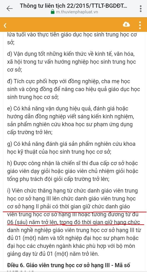 Thông tư liên tịch cũ quy định giáo viên trung học cơ sở hạng III lên chức danh giáo viên trung học cơ sở hạng II phải có thời gian giữ chức danh giáo viên trung học cơ sở hạng III hoặc tương đương từ đủ 06 (sáu) năm trở lên Thông tư liên tịch cũ quy định giáo viên trung học cơ sở hạng III lên chức danh giáo viên trung học cơ sở hạng II phải có thời gian giữ chức danh giáo viên trung học cơ sở hạng III hoặc tương đương từ đủ 06 (sáu) năm trở lên