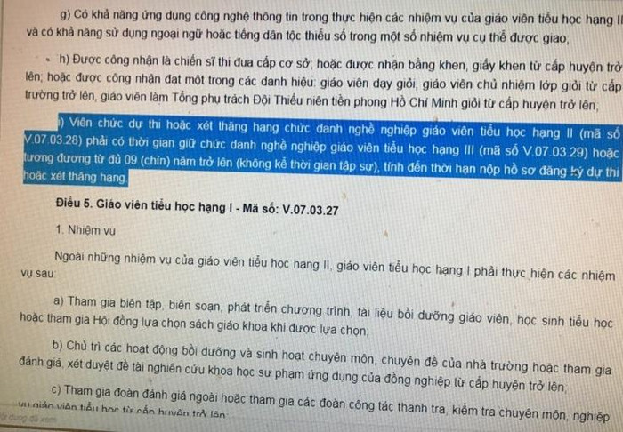 Mục I, Điều 4 Thông tư quy định về việc thăng hạng giáo viên tiểu học (Ảnh chụp) Mục I, Điều 4 Thông tư quy định về việc thăng hạng giáo viên tiểu học (Ảnh chụp)