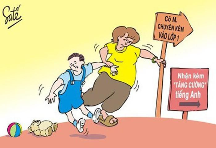 Việc cho trẻ học thêm từ khi còn 4 tuổi là nhu cầu của nhiều phụ huynh hiện nay. (Hình biếm họa về dạy thêm học thêm của Satế)