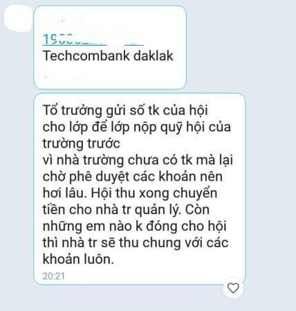 Tin nhắn của nhà trường gửi cho giáo viên về việc thu quỹ hội (Ảnh CTV)
