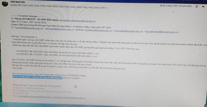 Thông báo của Sở Giáo dục và Đào tạo tỉnh Kiên Giang (Ảnh giáo viên cung cấp)