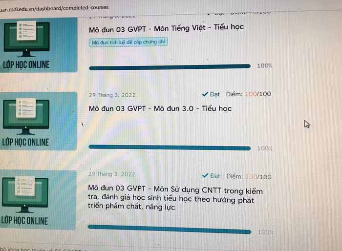 Một modul 3 mà có 3 phần học thế này, mỗi phần học có hàng trăm câu hỏi và các video (Ảnh Phan Tuyết)