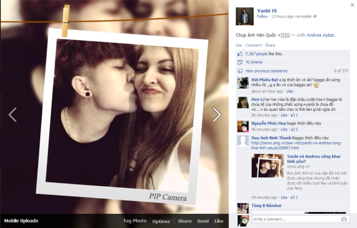 Hình ảnh tình cảm của cặp đôi được công khai trên trang cá nhân nhận được nhiều sự chú ý. Hình ảnh tình cảm của cặp đôi được công khai trên trang cá nhân nhận được nhiều sự chú ý.
