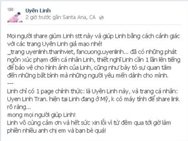Uyên Linh từng gặp rắc rối khi bị giả mạo trên facebook. Uyên Linh từng gặp rắc rối khi bị giả mạo trên facebook.