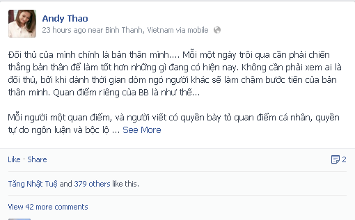 Búp bê biết hát đã có cách xử trí khá khéo léo khi bị đặt lên bàn cân so sánh với Hiền Thục trên trang cá nhân. Búp bê biết hát đã có cách xử trí khá khéo léo khi bị đặt lên bàn cân so sánh với Hiền Thục trên trang cá nhân.