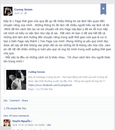 Cường Sevent đính chính trên facebook của mình trước thông tin sai lệc của facebook giả đăng tải. Cường Sevent đính chính trên facebook của mình trước thông tin sai lệc của facebook giả đăng tải.