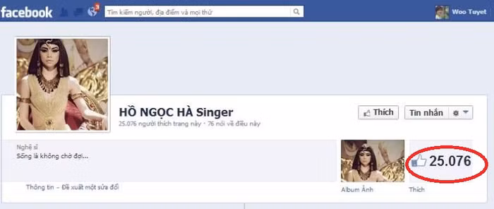 Một fanpage giả của ca sĩ Hồ Ngọc Hà.