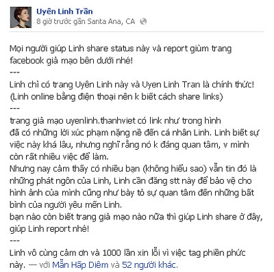 Uyên Linh lên tiếng khi bị facebook giả mạo bêu xấu. Uyên Linh lên tiếng khi bị facebook giả mạo bêu xấu.