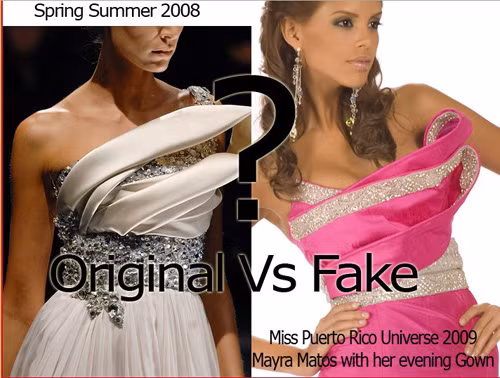 Chỉ khác mỗi màu sắc, những họa tiết, kiểu dáng trong chiếc váy đầm của hoa hậu Puerto Rico được copy lại giống hệt Chỉ khác mỗi màu sắc, những họa tiết, kiểu dáng trong chiếc váy đầm của hoa hậu Puerto Rico được copy lại giống hệt