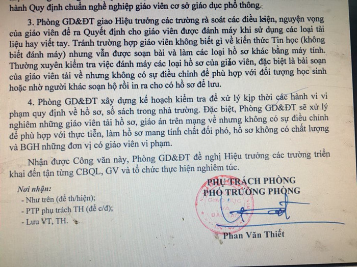 Công văn chấn chỉnh hồ sơ sổ sách giáo viên của Phòng Giáo dục huyện Kỳ Sơn (Ảnh CTV)