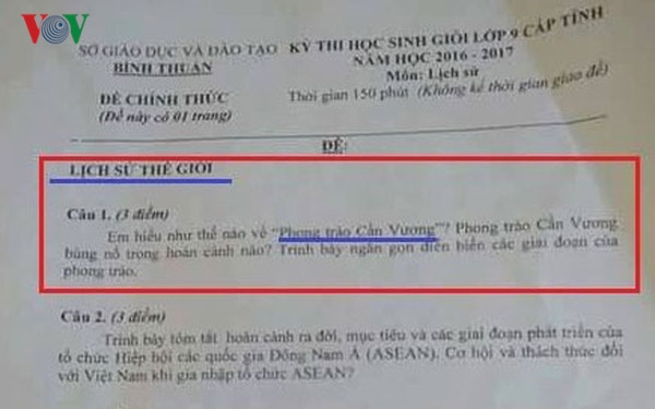 Đề thi học sinh giỏi lớp 9 môn Lịch sử tỉnh Bình Thuận năm 2018 có sai sót câu 1 (Ảnh VOV) Đề thi học sinh giỏi lớp 9 môn Lịch sử tỉnh Bình Thuận năm 2018 có sai sót câu 1 (Ảnh VOV)