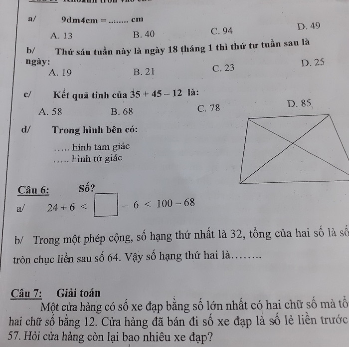 Đề kiểm tra toán lớp 2 vượt chuẩn của một trường tiểu học (Ảnh tác giả) Đề kiểm tra toán lớp 2 vượt chuẩn của một trường tiểu học (Ảnh tác giả)