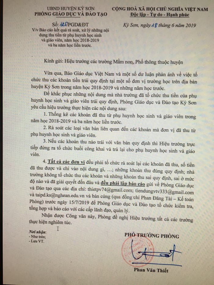 Công văn rà soát việc thu tiền phụ huynh, giáo viên của Phòng Giáo dục và Đào tạo Kỳ Sơn (Ảnh tác giả) Công văn rà soát việc thu tiền phụ huynh, giáo viên của Phòng Giáo dục và Đào tạo Kỳ Sơn (Ảnh tác giả)
