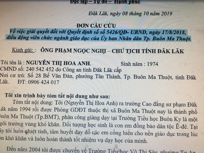 Đơn cầu cứu của cô giáo Hoa Anh trực tiếp gửi Chủ tịch tỉnh Đắk Lắk (Ảnh nhân vật)