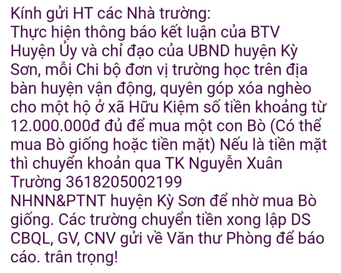 Tin nhắn của Phòng Giáo dục vào hệ thống Vnedu của các trường học (Ảnh CTV) Tin nhắn của Phòng Giáo dục vào hệ thống Vnedu của các trường học (Ảnh CTV)