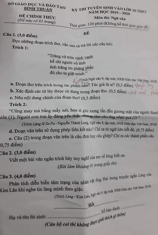 Đề thi văn vào 10 năm học 2019-2020 đang gây tranh cãi tại Bình Thuận (Ảnh CTV) Đề thi văn vào 10 năm học 2019-2020 đang gây tranh cãi tại Bình Thuận (Ảnh CTV)