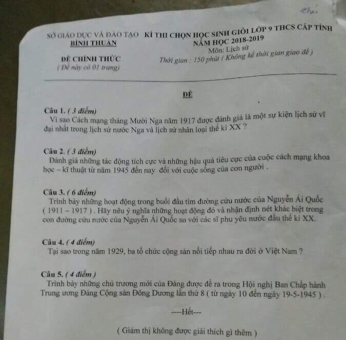 Đề thi học sinh giỏi lớp 9 môn Lịch sử tỉnh Bình Thuận có sai sót câu 4 (Ảnh tác giả) Đề thi học sinh giỏi lớp 9 môn Lịch sử tỉnh Bình Thuận có sai sót câu 4 (Ảnh tác giả)