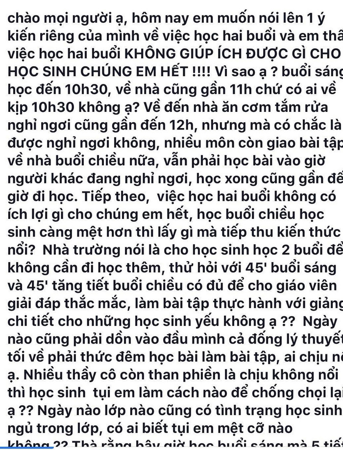 Những dòng tâm sự đắng lòng của học sinh tỉnh Kiên Giang khi phải học 2 buổi/ngày (Ảnh CTV) Những dòng tâm sự đắng lòng của học sinh tỉnh Kiên Giang khi phải học 2 buổi/ngày (Ảnh CTV)