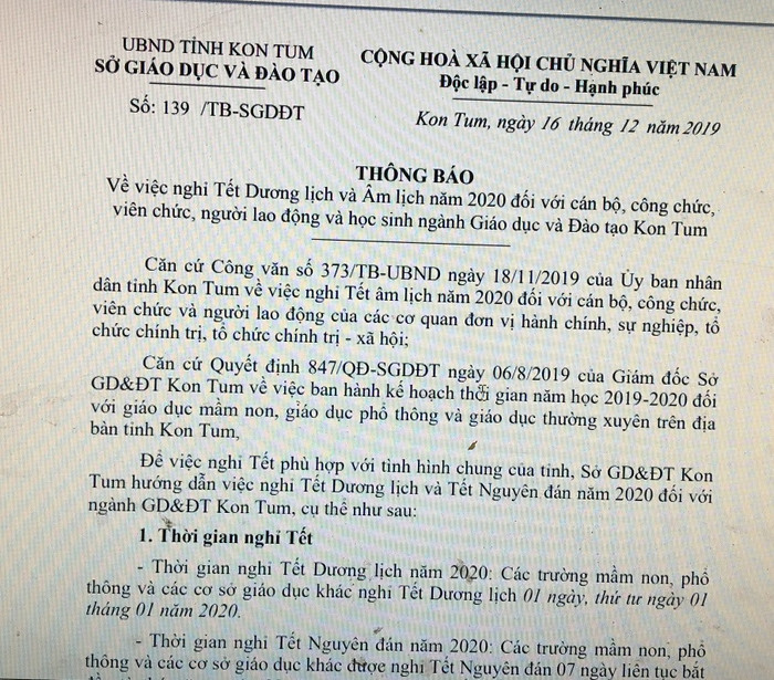 Công văn nghỉ Tết và trực Tết của Sở Giáo dục và Đào tạo Kon Tum (Ảnh CTV)