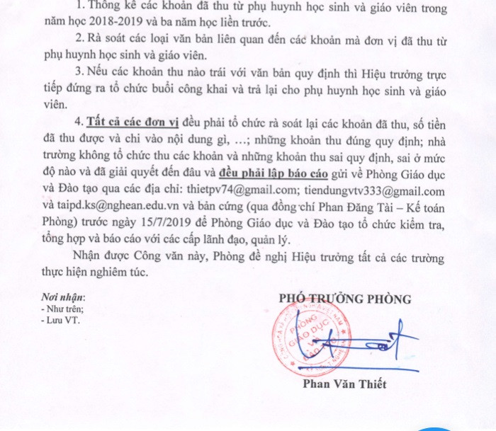 Công văn rà soát việc thu tiền phụ huynh, giáo viên của Phòng Giáo dục và Đào tạo Kỳ Sơn (Ảnh tác giả) Công văn rà soát việc thu tiền phụ huynh, giáo viên của Phòng Giáo dục và Đào tạo Kỳ Sơn (Ảnh tác giả)