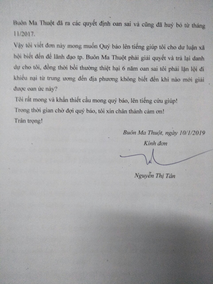 Đơn của cô giáo Tân Trường Tiểu học Lý Tự Trọng thành phố Buôn Ma Thuột gửi Báo Điện tử Giáo dục Việt Nam (cô giáo Tân cung cấp)
