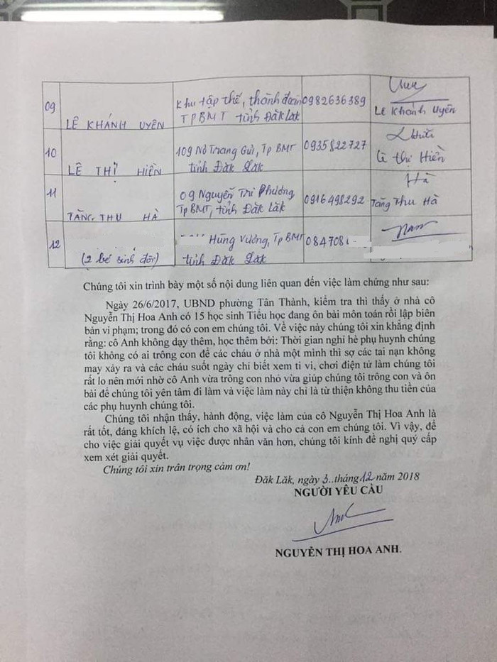 Nhiều phụ huynh ký vào đơn làm chứng việc cô Nguyễn Thị Hoa Anh không dạy thêm. (Ảnh nhân vật cung cấp) Nhiều phụ huynh ký vào đơn làm chứng việc cô Nguyễn Thị Hoa Anh không dạy thêm. (Ảnh nhân vật cung cấp)