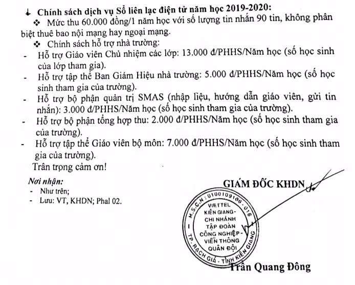 Bảng chiết khấu hoa hồng cho các bộ phận trong nhà trường khi cho phụ huynh đăng ký dùng sổ liên lạc điện tử (Ảnh CTV) Bảng chiết khấu hoa hồng cho các bộ phận trong nhà trường khi cho phụ huynh đăng ký dùng sổ liên lạc điện tử (Ảnh CTV)