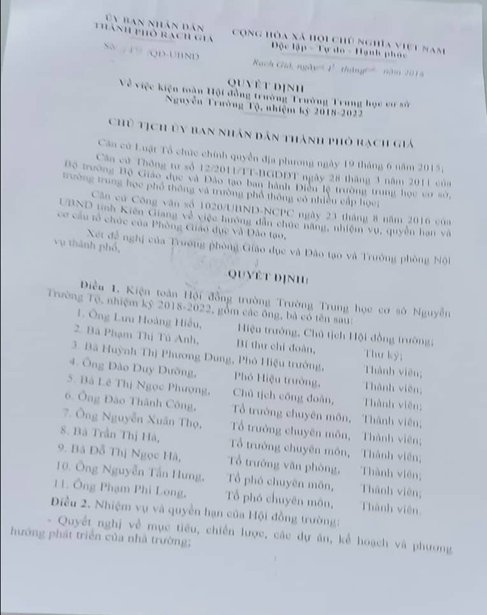 Quyết định kiện toàn Hội đồng trường Trường Trung học cơ sở Nguyễn Trường Tộ Kiên Giang (Ảnh CTV)