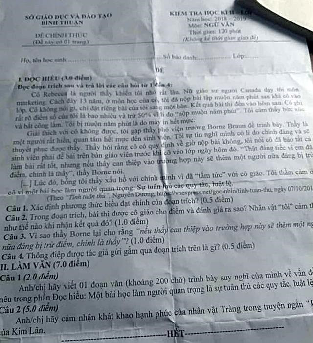 Đề thi chính thức tại tỉnh Bình Thuận giống y chang một đề thi trên mạng, ảnh minh họa: Báo Pháp luật thành phố Hồ Chí Minh. Đề thi chính thức tại tỉnh Bình Thuận giống y chang một đề thi trên mạng, ảnh minh họa: Báo Pháp luật thành phố Hồ Chí Minh.