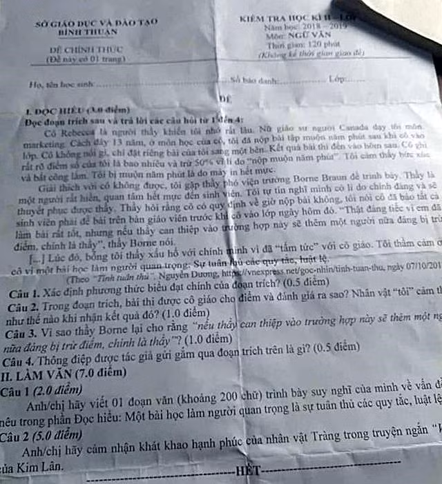 Đề thi chính thức tại tỉnh Bình Thuận giống y chang một đề thi trên mạng, ảnh minh họa: Báo Pháp luật thành phố Hồ Chí Minh.