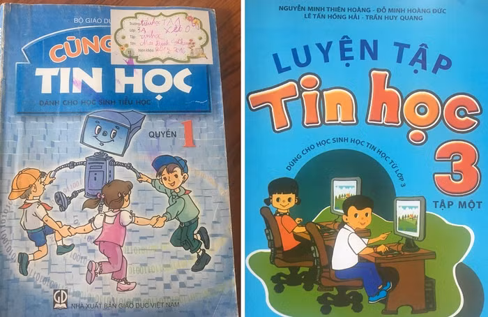 Hai cuốn sách giáo khoa Tin học nội dung kiến thức gần như giống nhau nhưng vẫn thay và giá thành sách mới gấp hơn 2 lần cuốn sách giáo khoa cũ (Ảnh Phan Tuyết)