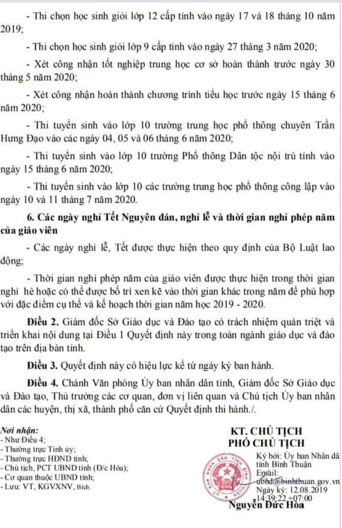 Kế hoạch năm học của tỉnh Bình Thuận năm học 2019-2020 (Ảnh CTV). Kế hoạch năm học của tỉnh Bình Thuận năm học 2019-2020 (Ảnh CTV).