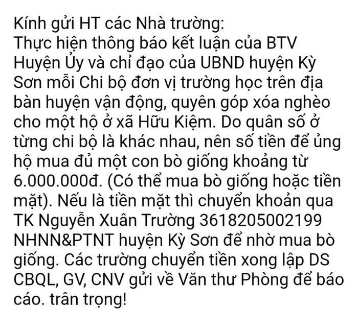 Số tiền mỗi Chi bộ trường học phải ủng hộ đã được giảm đi phân nửa (Tin nhắn từ Phòng Giáo dục Kỳ Sơn Ảnh CTV) Số tiền mỗi Chi bộ trường học phải ủng hộ đã được giảm đi phân nửa (Tin nhắn từ Phòng Giáo dục Kỳ Sơn Ảnh CTV)