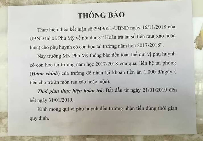 Thông báo trả tiền rau (đã biển thủ không thành) cho phụ huynh (Ảnh CTV)