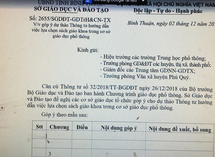 Công văn hướng dẫn việc góp ý dự thảo Thông tư lựa chọn sách giáo khoa tại tỉnh Bình Thuận (Ảnh Phan Tuyết)