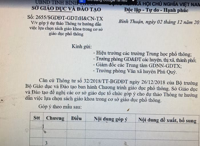 Công văn hướng dẫn việc góp ý dự thảo Thông tư lựa chọn sách giáo khoa tại tỉnh Bình Thuận (Ảnh Phan Tuyết) Công văn hướng dẫn việc góp ý dự thảo Thông tư lựa chọn sách giáo khoa tại tỉnh Bình Thuận (Ảnh Phan Tuyết)
