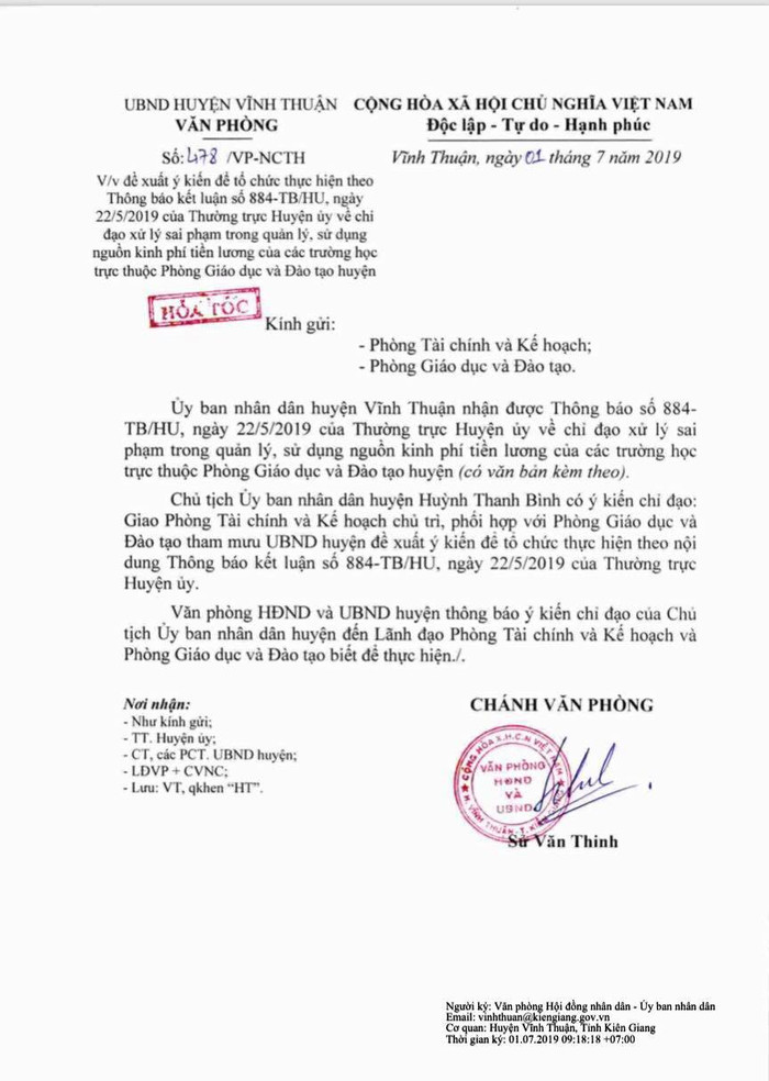 Công văn hỏa tốc của Ủy ban Nhân dân huyện Vĩnh Thuận (Ảnh CTV) Công văn hỏa tốc của Ủy ban Nhân dân huyện Vĩnh Thuận (Ảnh CTV)